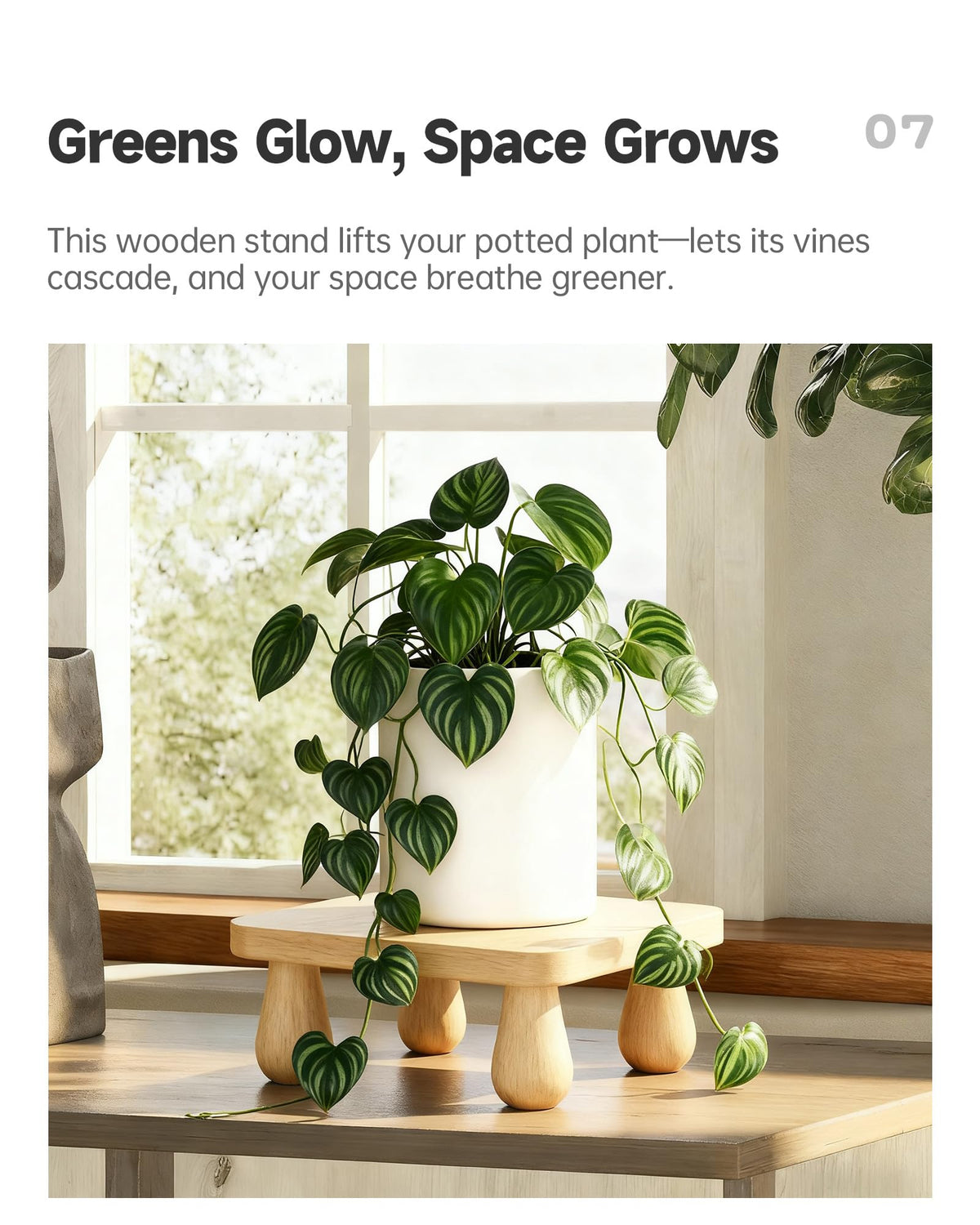 NKGIAG plant stand natural rubberwood texture offers organic warmth.