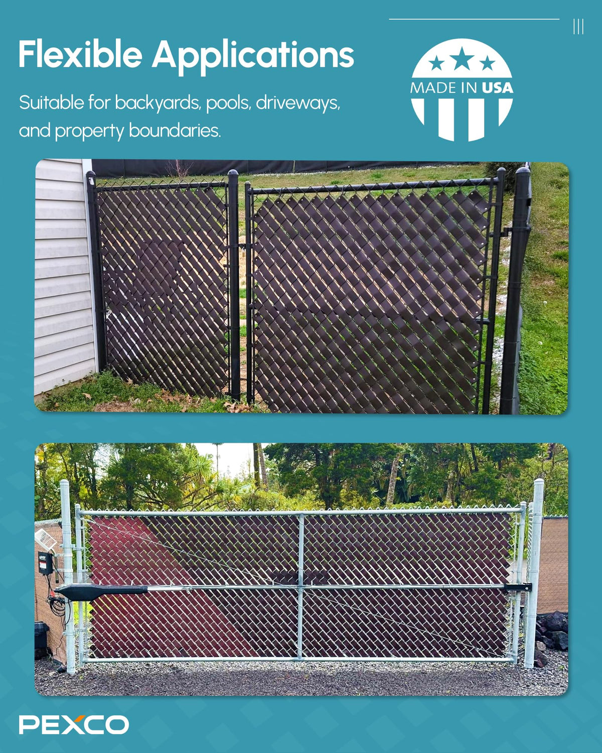 Privacy weave applied to pool enclosures for a secluded, neat look.
