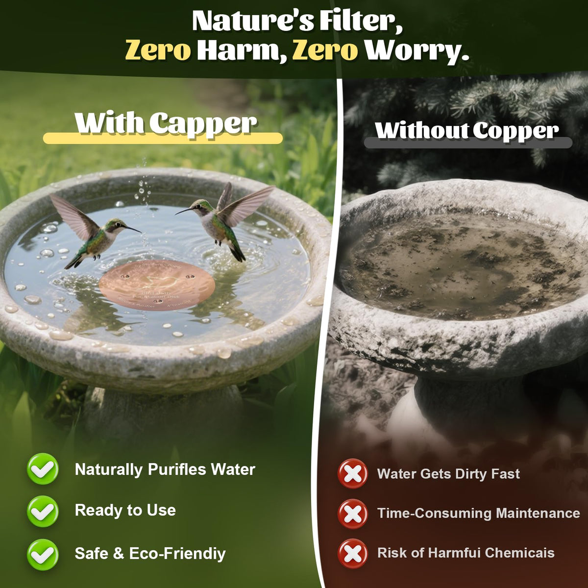 NNG bird bath copper disk purifies water naturally for cleaner, safer bird drinking bowls