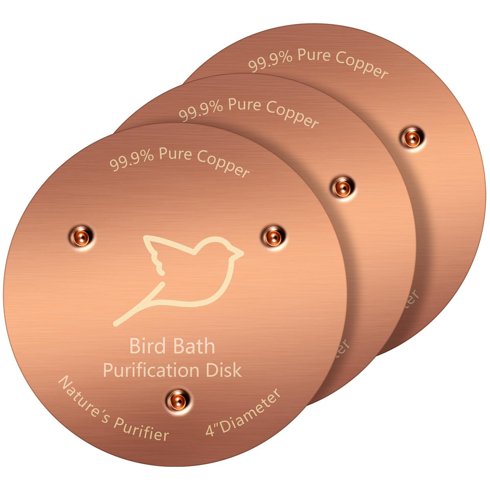 NNG bird bath copper disk side view showing compact, durable purification in outdoor water