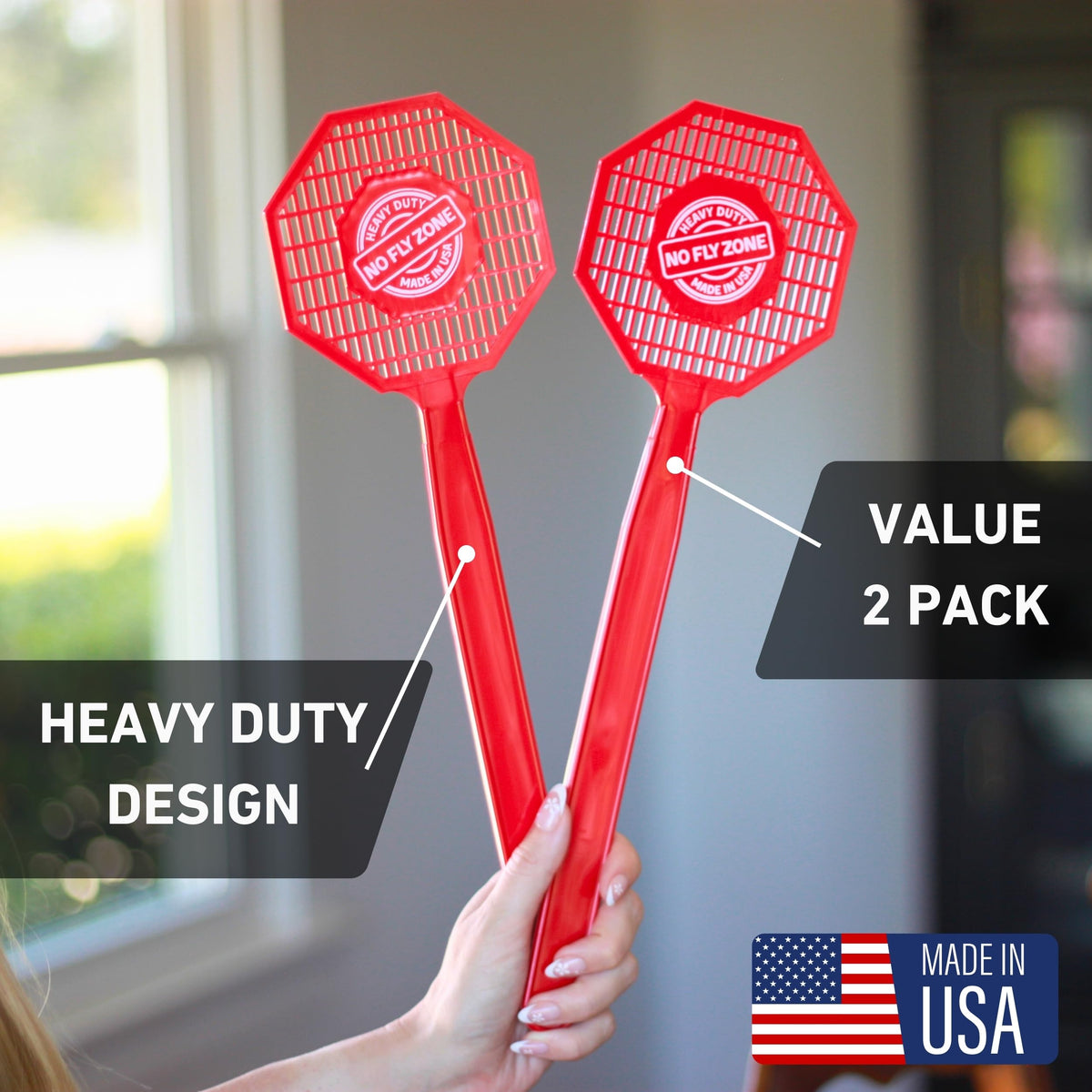 No Fly Zone 15.5-inch reach helps reach walls, ceilings, or windows for effective swatting.