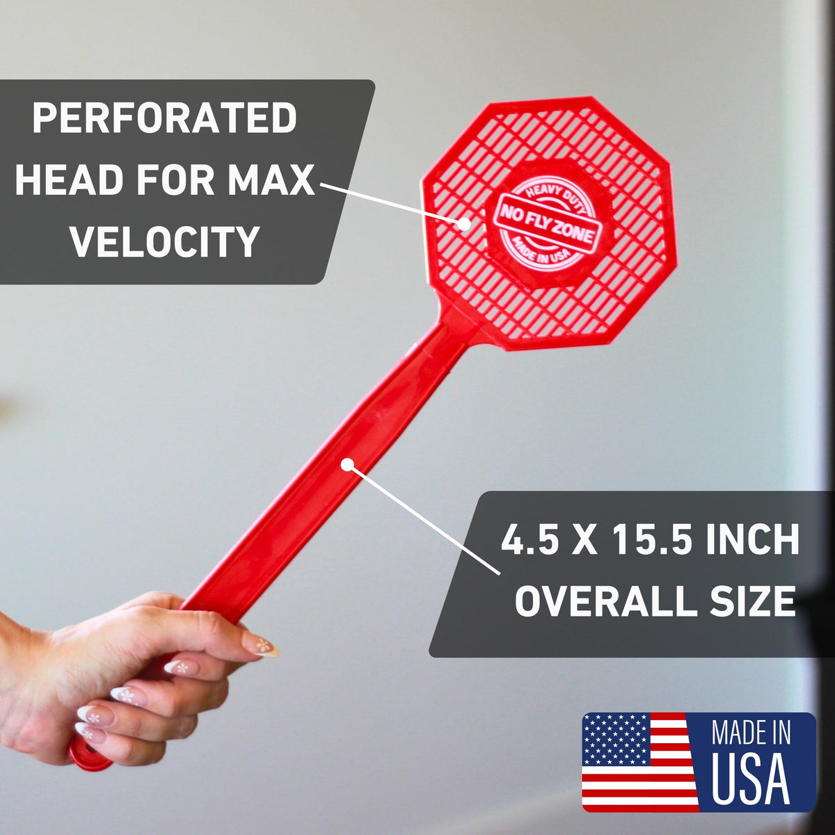 No Fly Zone perforated stop-sign head reduces air resistance for faster strikes.