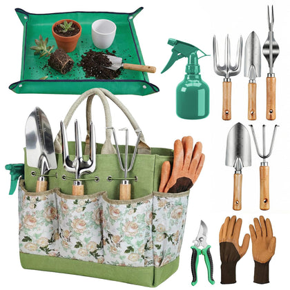 NOEAIKE 10-piece gardening tools set with organizer tote for easy storage and access.