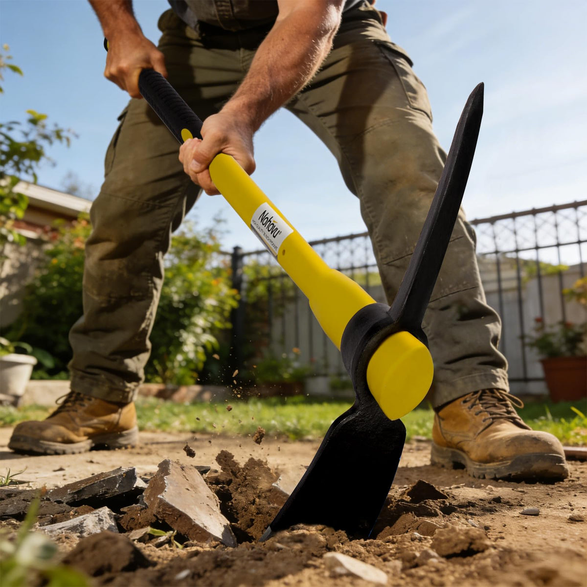Nohovu pickaxe digging in soil showing broad blade in action