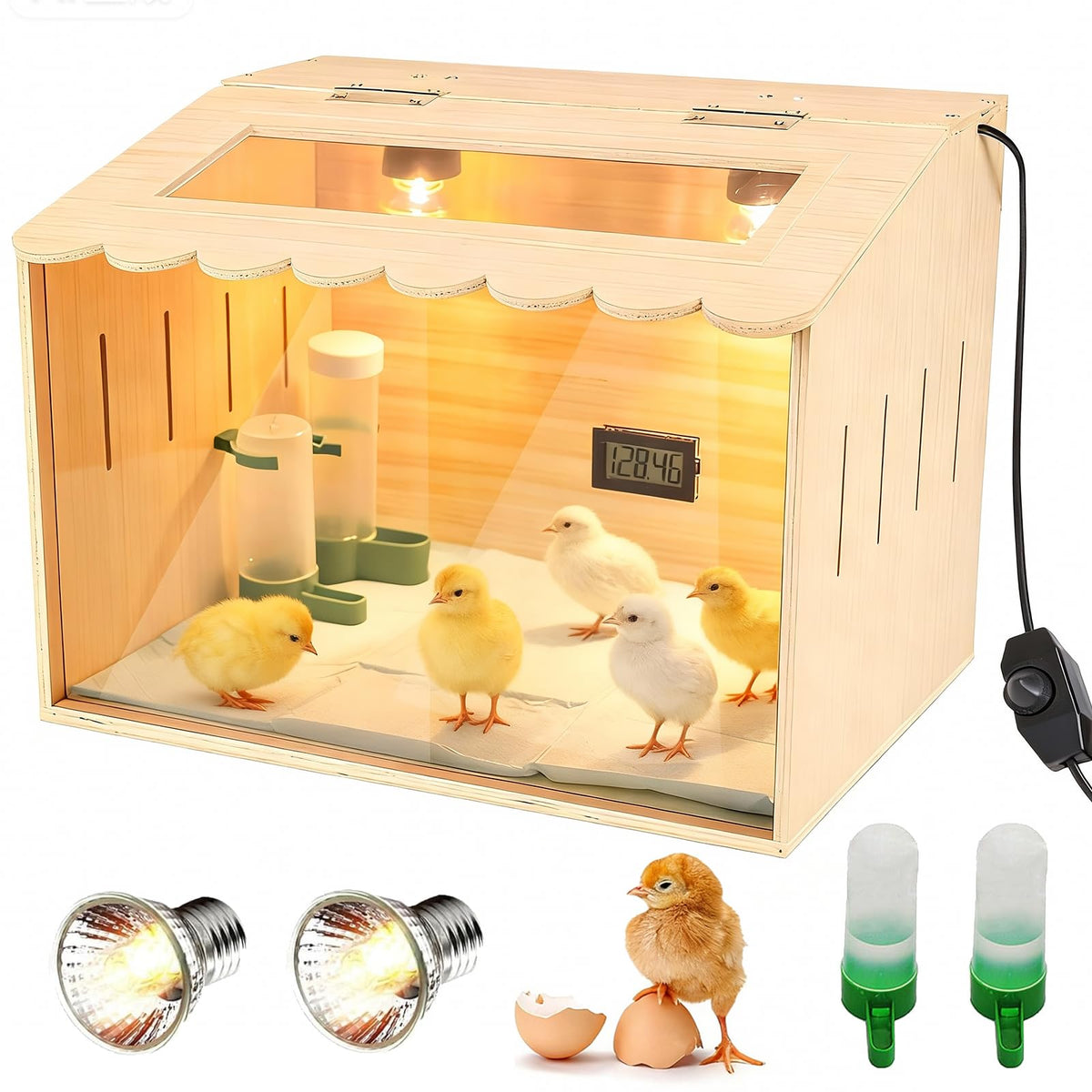 Nollapo chick brooder front view with dual heaters for even warmth.