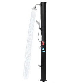 Nollapo solar heated outdoor shower with 9.3-gallon reservoir warming water for family use.
