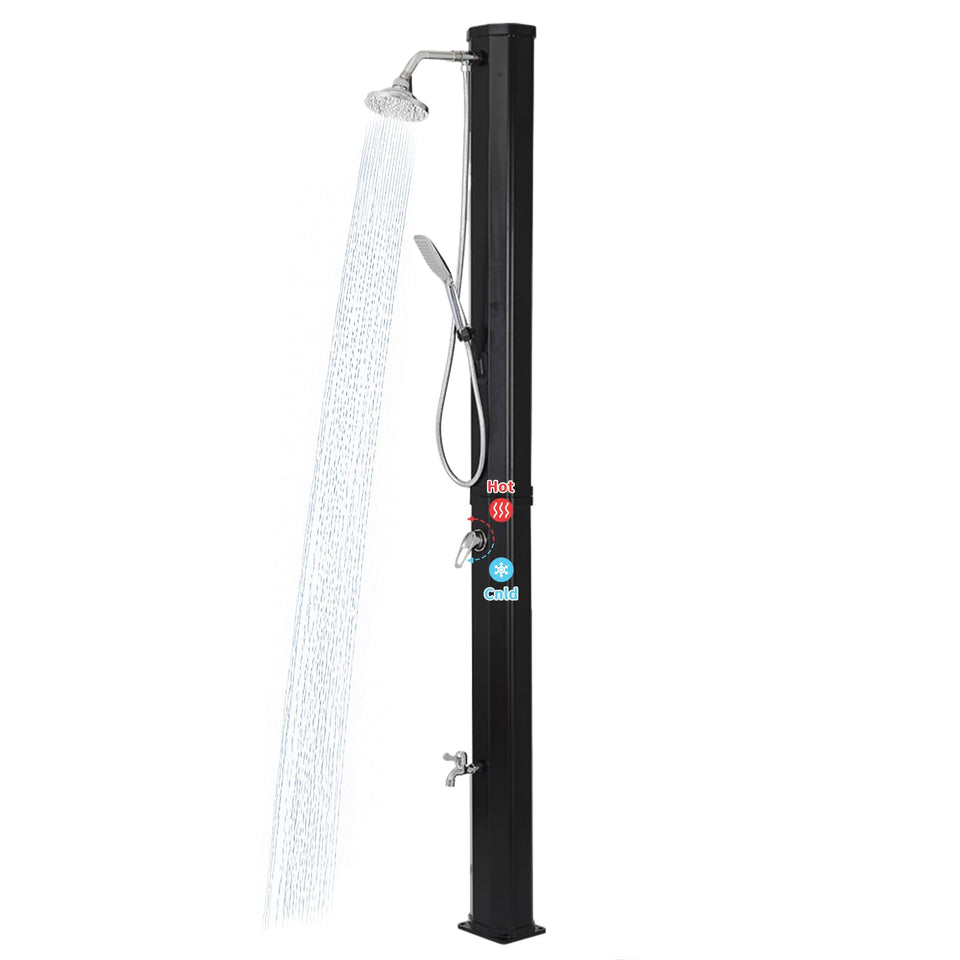 Nollapo solar heated outdoor shower with 9.3-gallon reservoir warming water for family use.