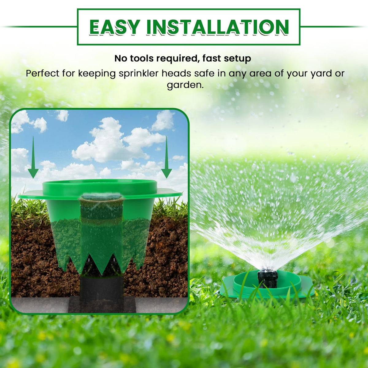 Nomanak sprinkler head protector keeps soil steady during lawn care