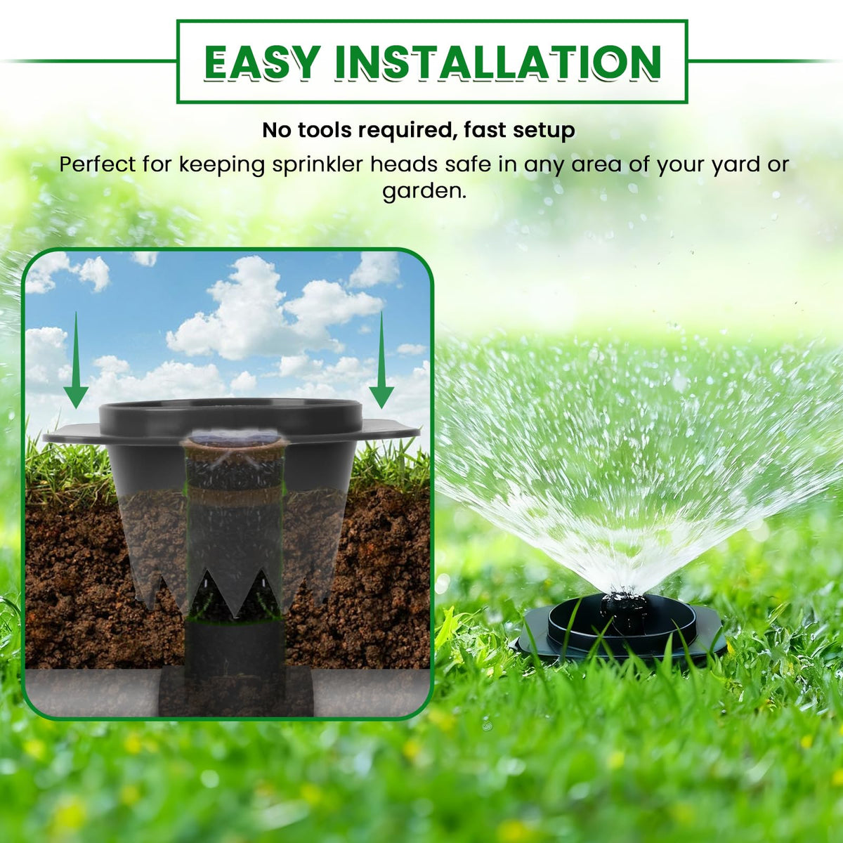 Nomanak sprinkler head protector sits in soil around the head to protect it.