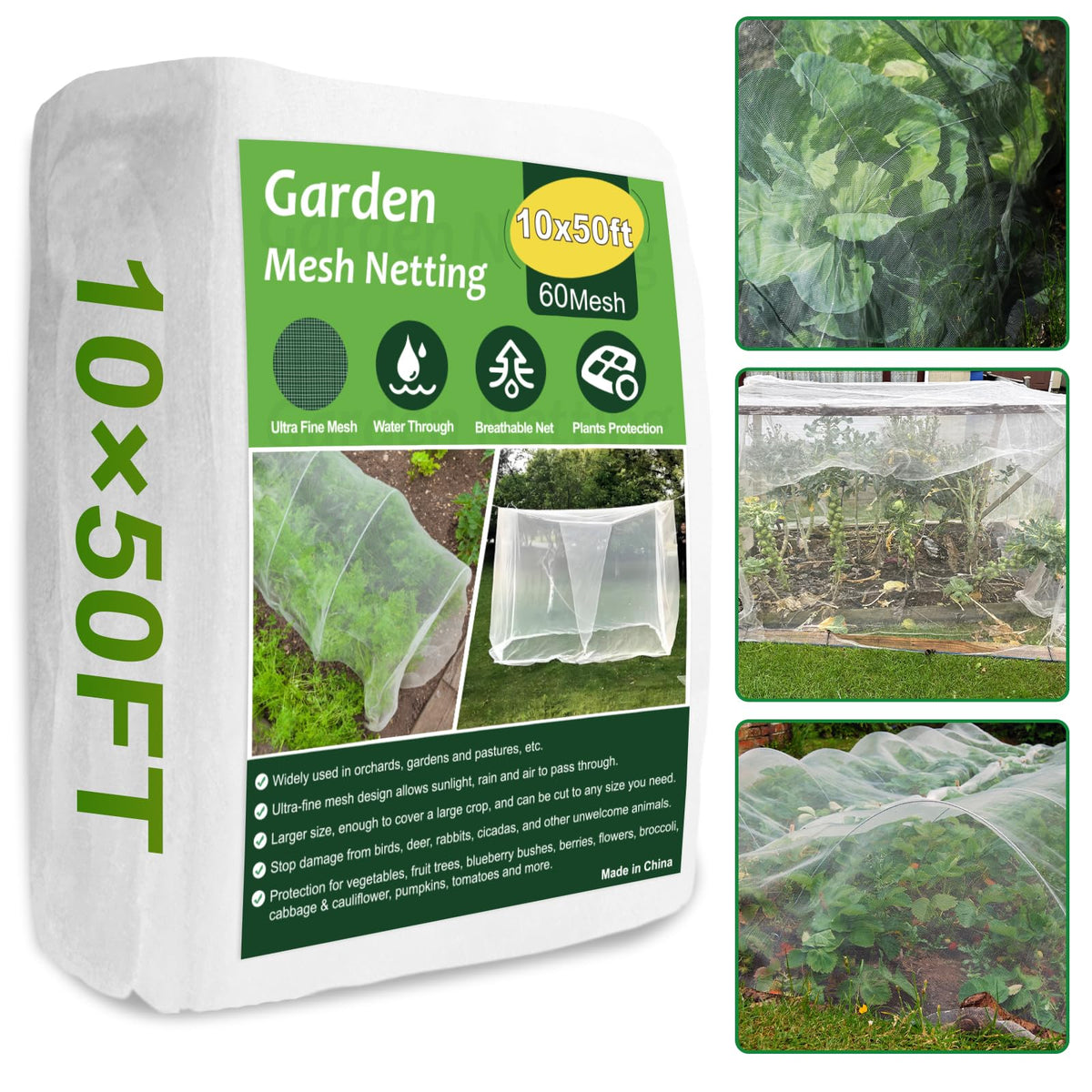 NONMON Garden Netting ultra-fine mesh protecting crops over a raised bed.