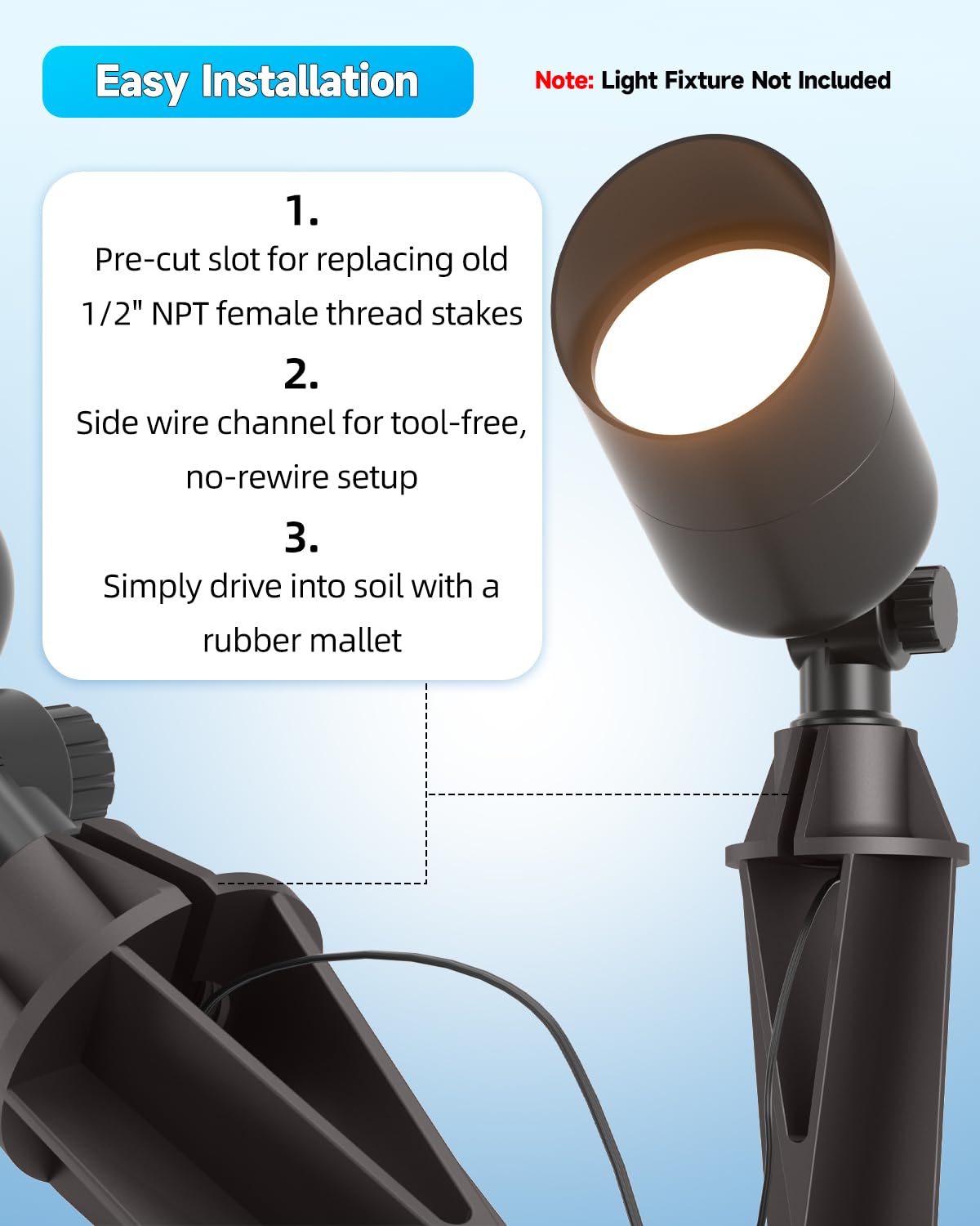 Noobibaba ground stake supports secure mounting for various landscape lighting fixtures.