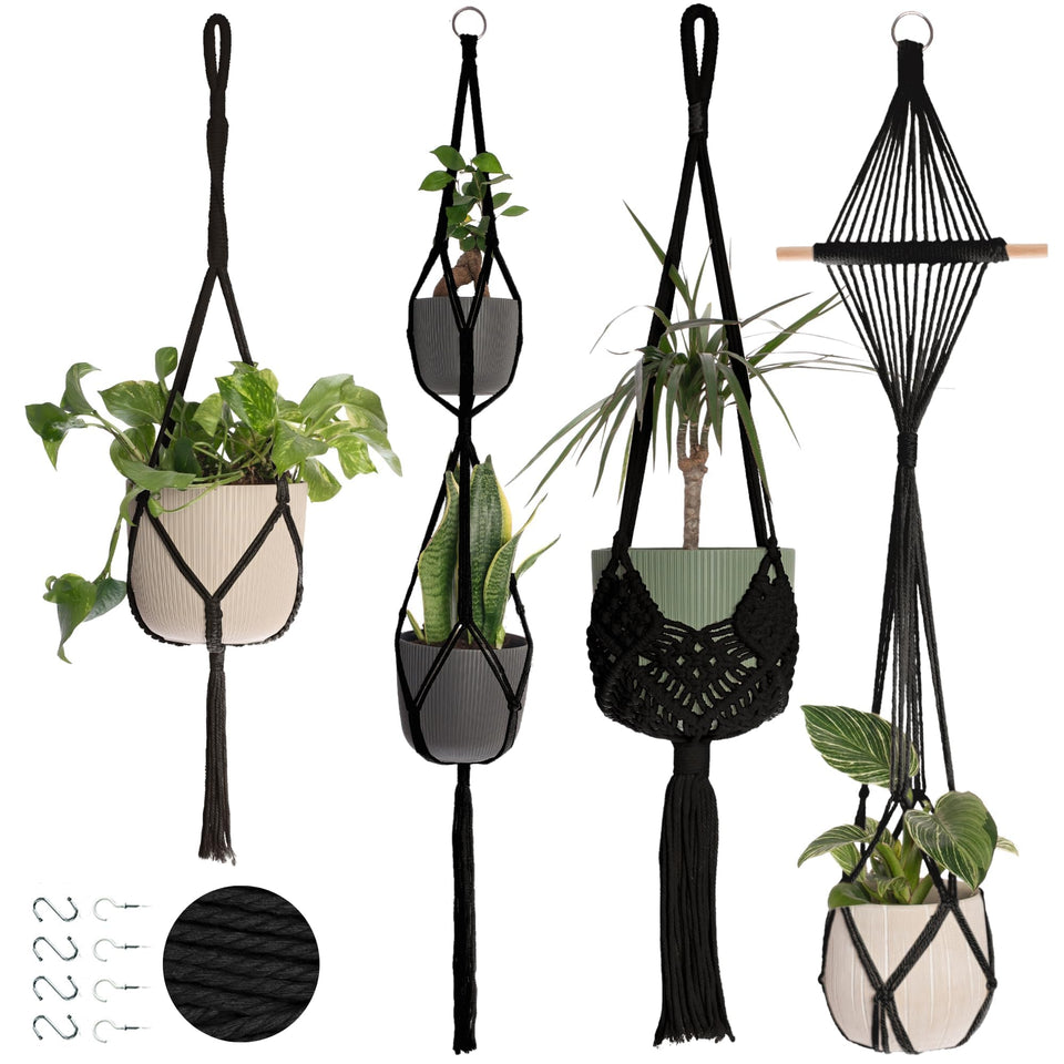 Nook Theory four-pack black macrame hangers for stylish indoor displays.
