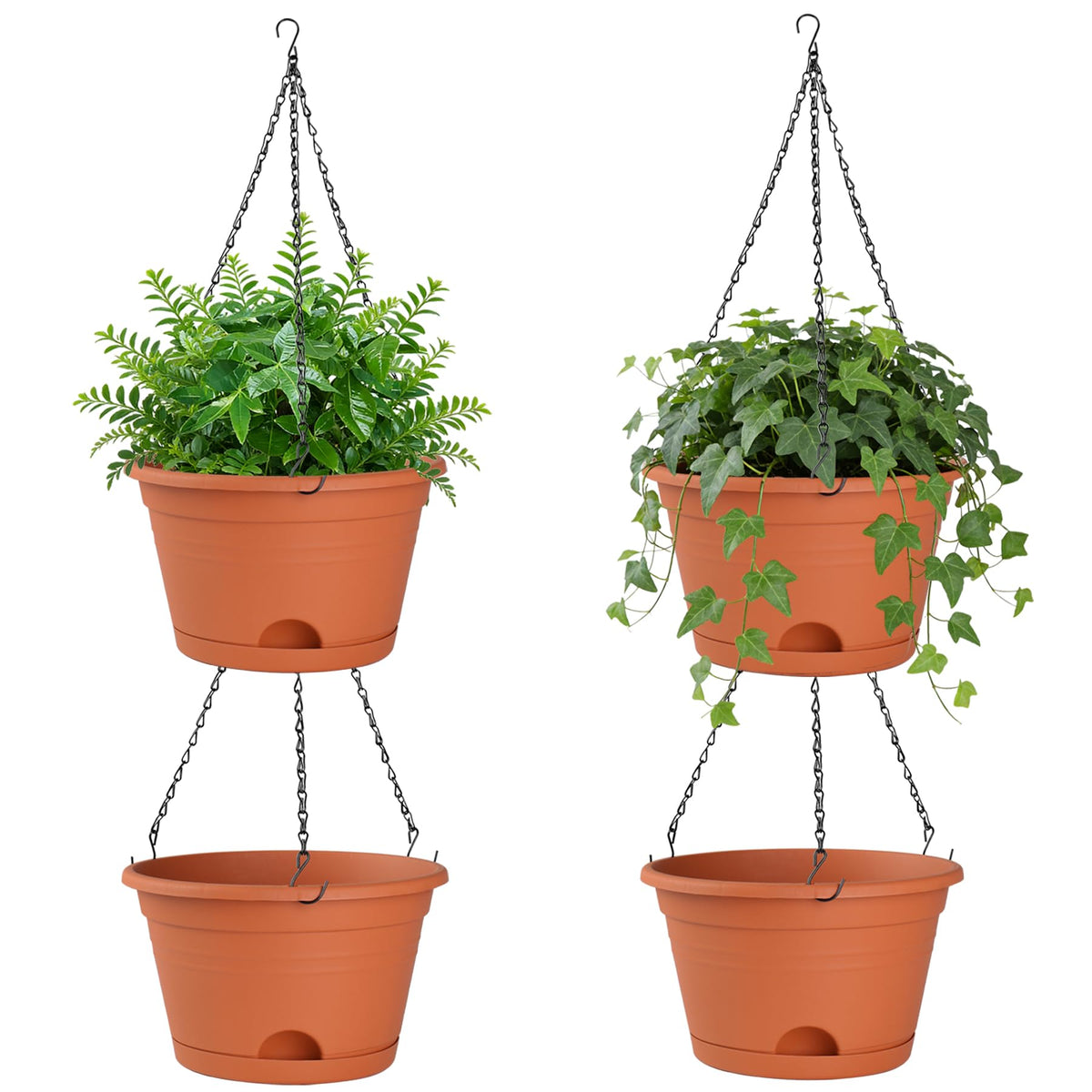 Nooulap 4-pack hanging planters with 10-inch pots for indoor or outdoor display.