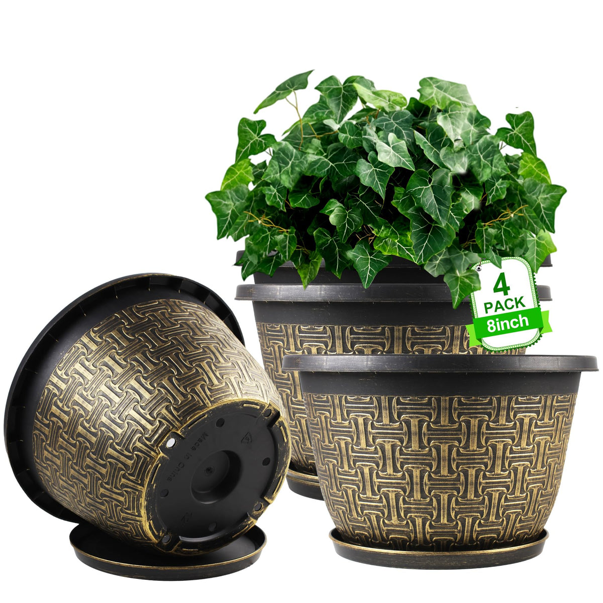 Nooulap 8-inch plant pots with saucers for indoor and outdoor use.