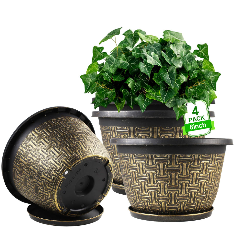 Nooulap 8-inch plant pots with saucers for indoor and outdoor use.