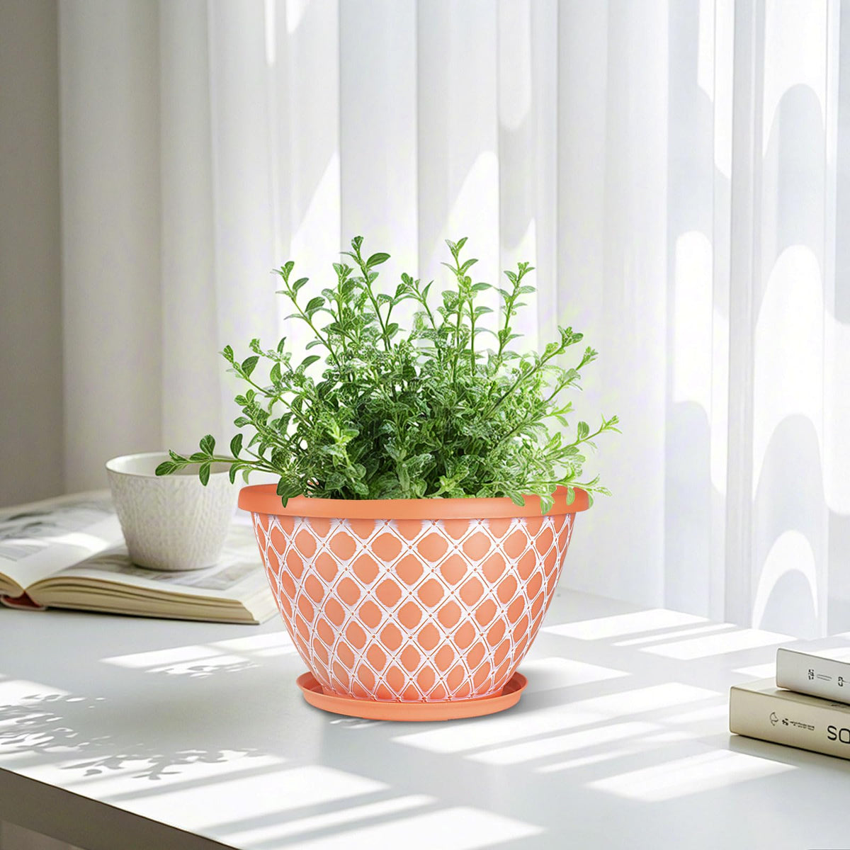 Nooulap ten inch orange grid texture planter for herbs and small plants.