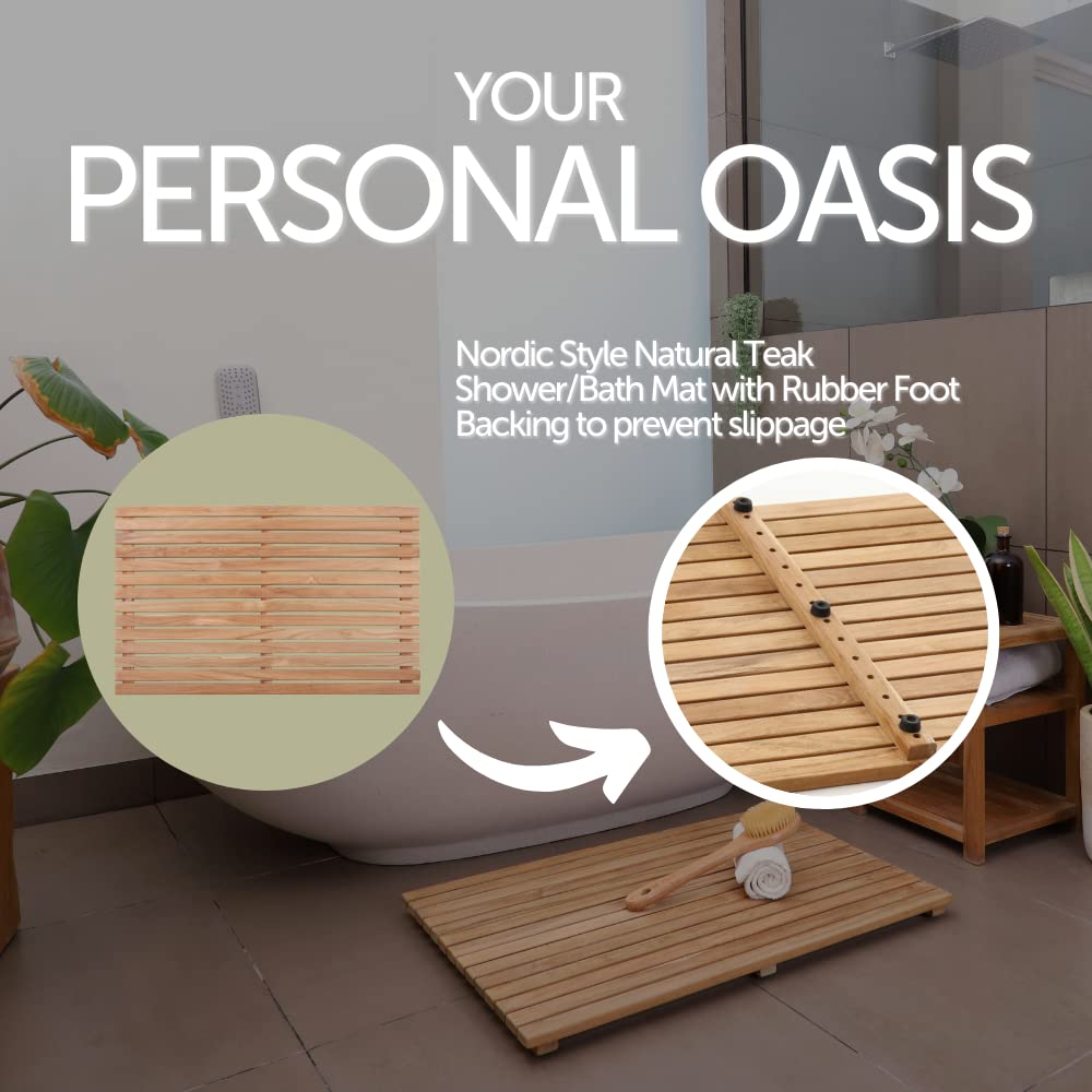 Nordic Style Teak Shower Mat suitable for indoor and outdoor use in humid spaces.