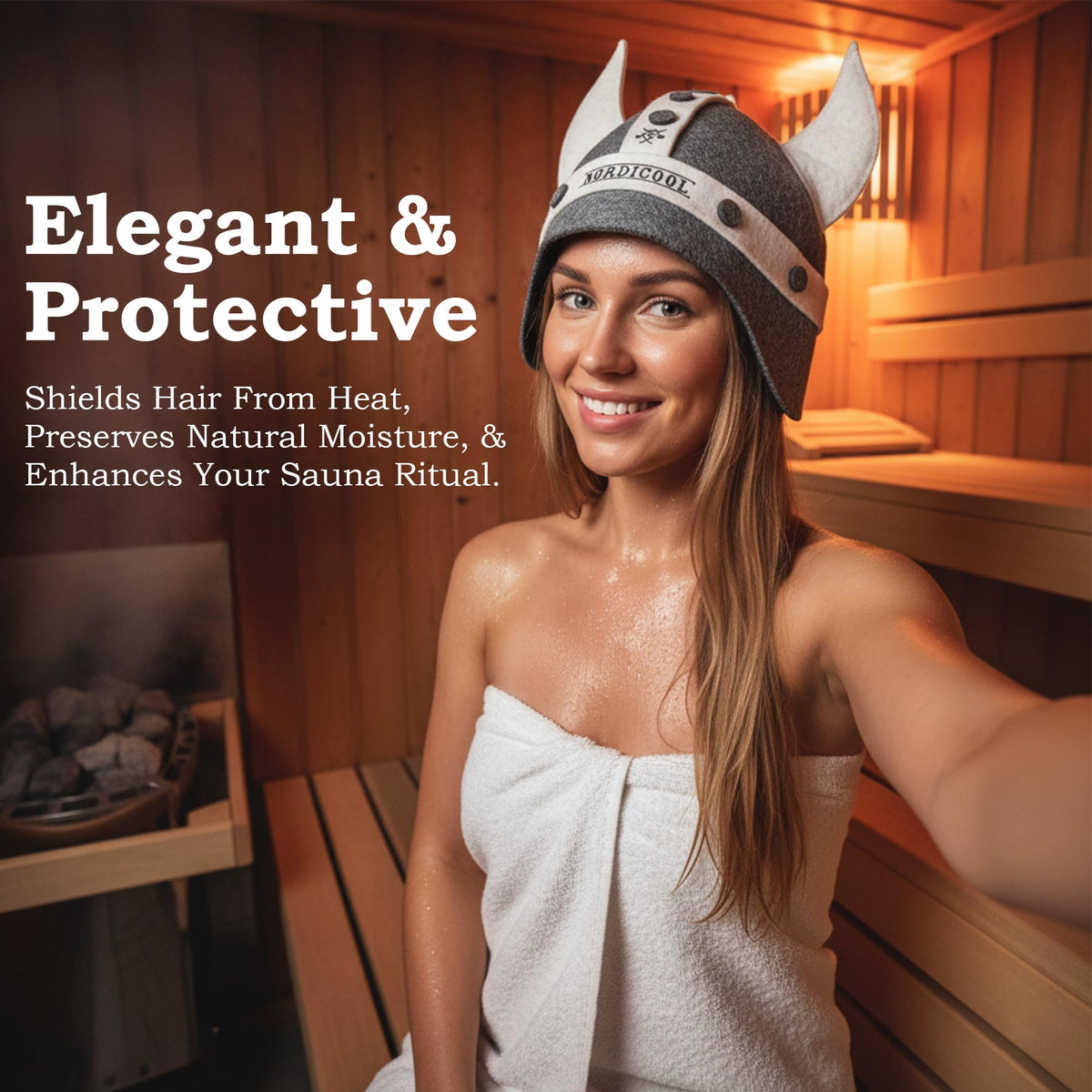 Nordicool Viking Sauna Hat gift-ready label emphasizes stylish wellness accessory.