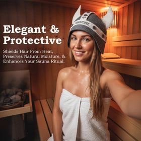 Nordicool Viking Sauna Hat gift-ready label emphasizes stylish wellness accessory.