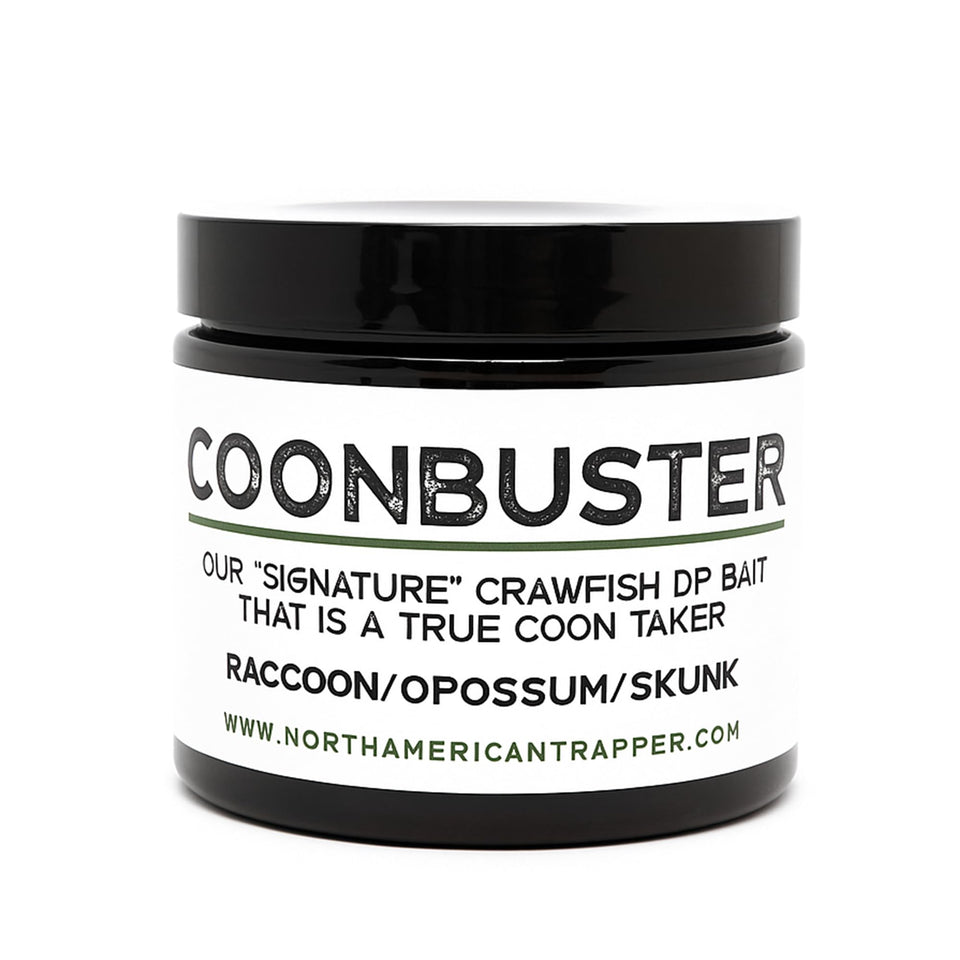 North American Trapper Coonbuster bottle showing long-lasting aroma for raccoon trapping.