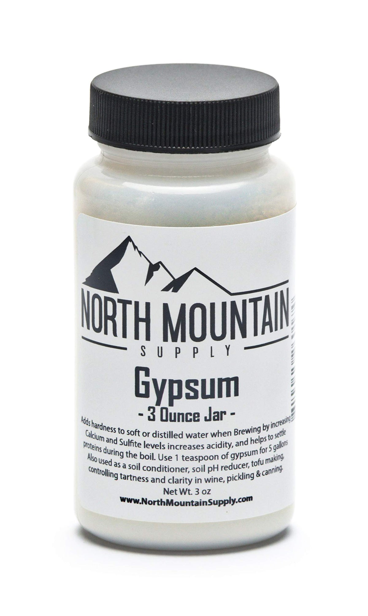 North Mountain Supply gypsum 3-ounce jar for brewing hardness and soil conditioning.