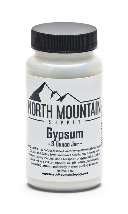North Mountain Supply gypsum 3-ounce jar for brewing hardness and soil conditioning.