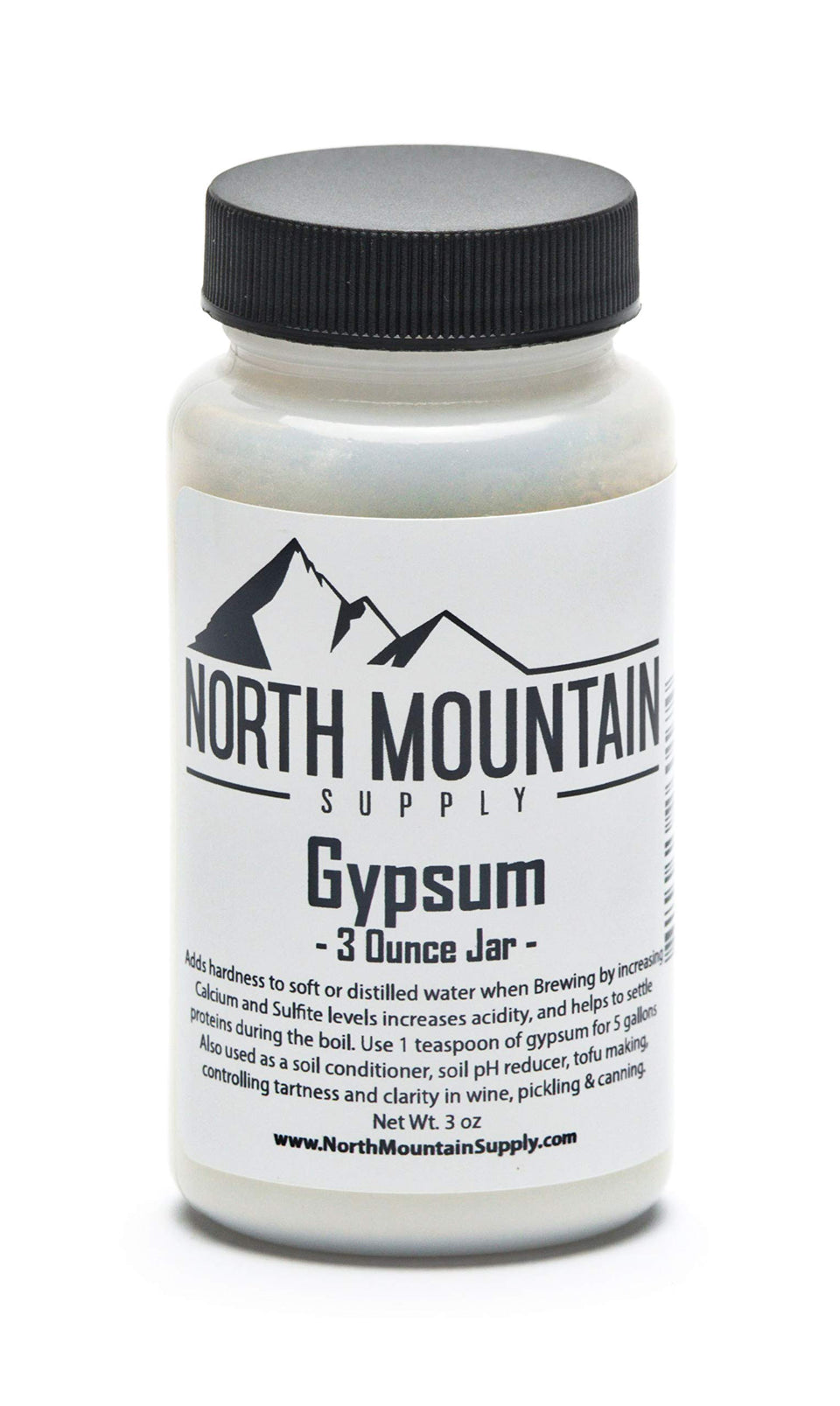 North Mountain Supply gypsum 3-ounce jar for brewing hardness and soil conditioning.