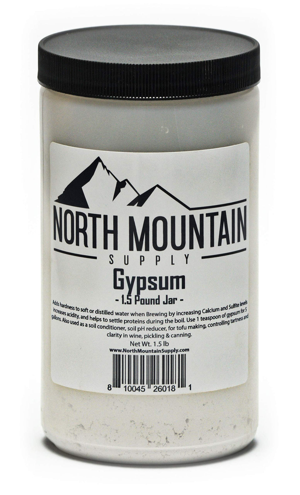 North Mountain Supply gypsum jar with tamper-evident seal, ready for soil conditioning and brewing.