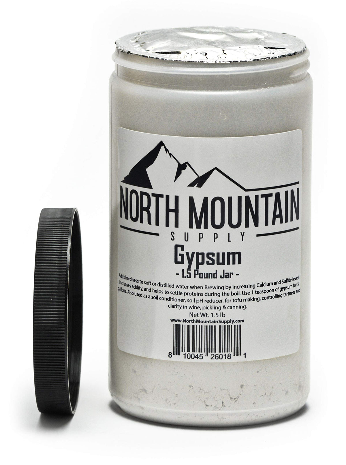 North Mountain Supply gypsum packaging shows jar and label, versatile in wine, tofu, and garden uses.