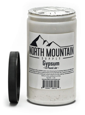 North Mountain Supply gypsum packaging shows jar and label, versatile in wine, tofu, and garden uses.