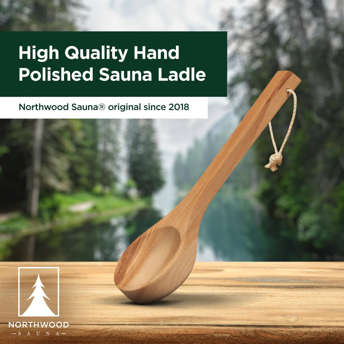 Northwood Sauna red cedar grain on ladle surface feels premium.