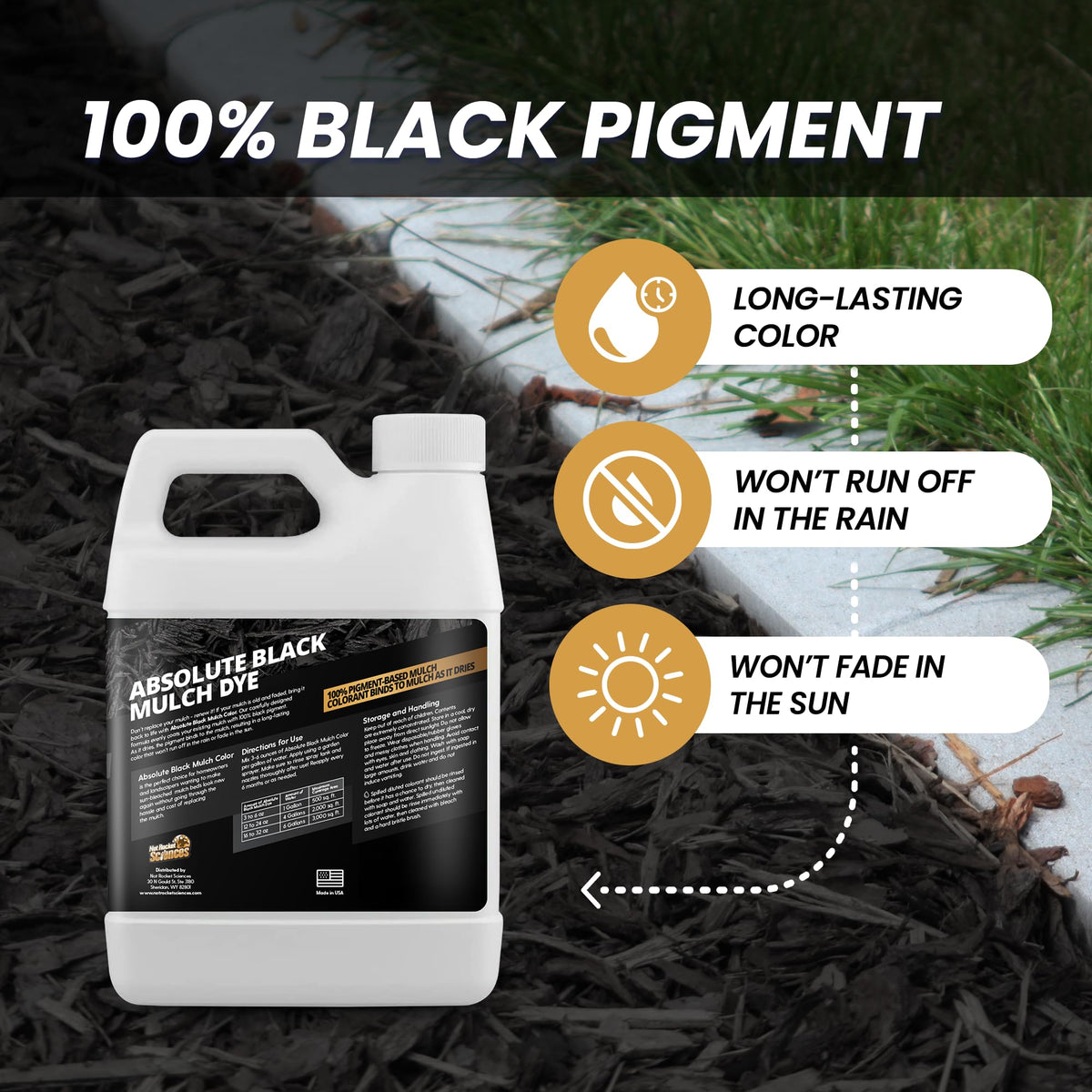 Not Rocket Sciences Absolute Black Mulch Dye coating mulch for renewed landscape color
