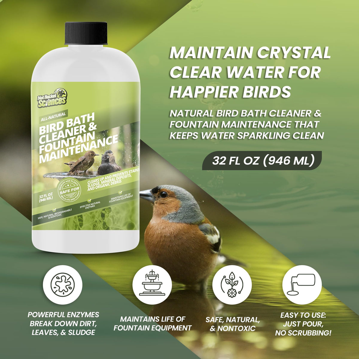 Not Rocket Sciences bird bath cleaner liquid treatment in action keeps water clear