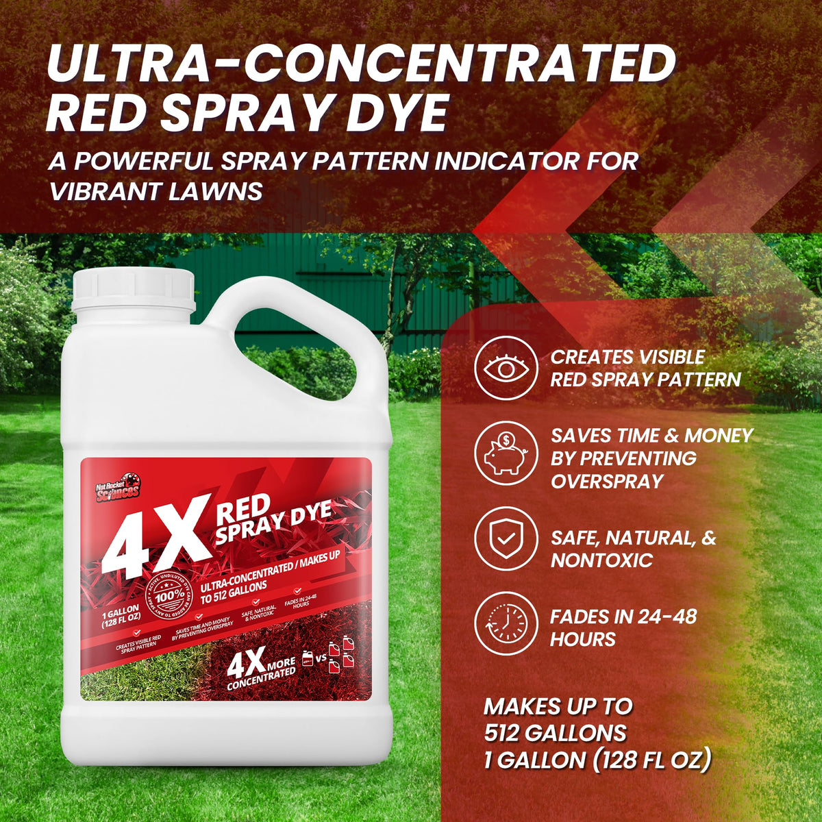 Not Rocket Sciences red spray pattern clearly marks treated areas for precise application.