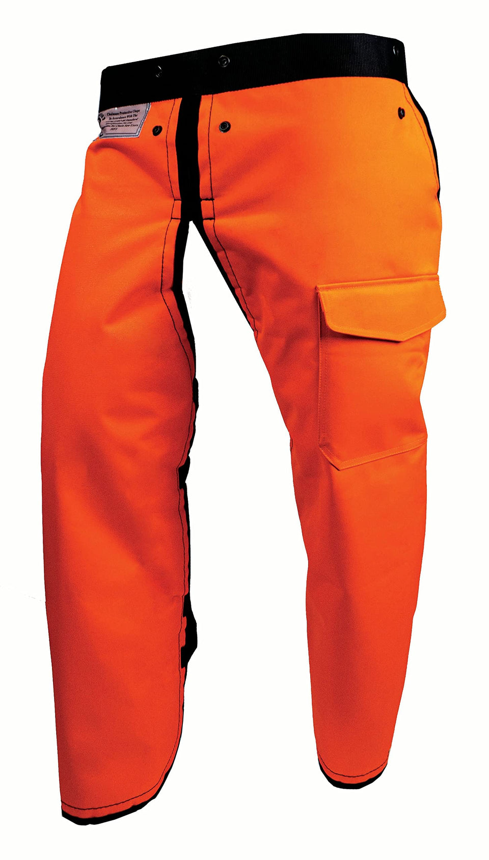 Notch apron-style chaps high-vis orange front view improves visibility on job sites.