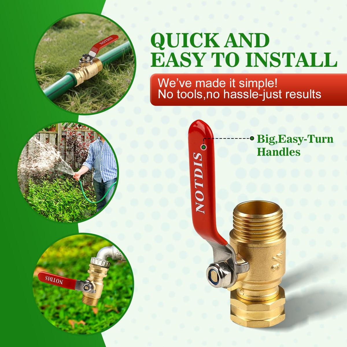 NOTDIS solid brass construction with 304 stainless steel handle for rust resistance.