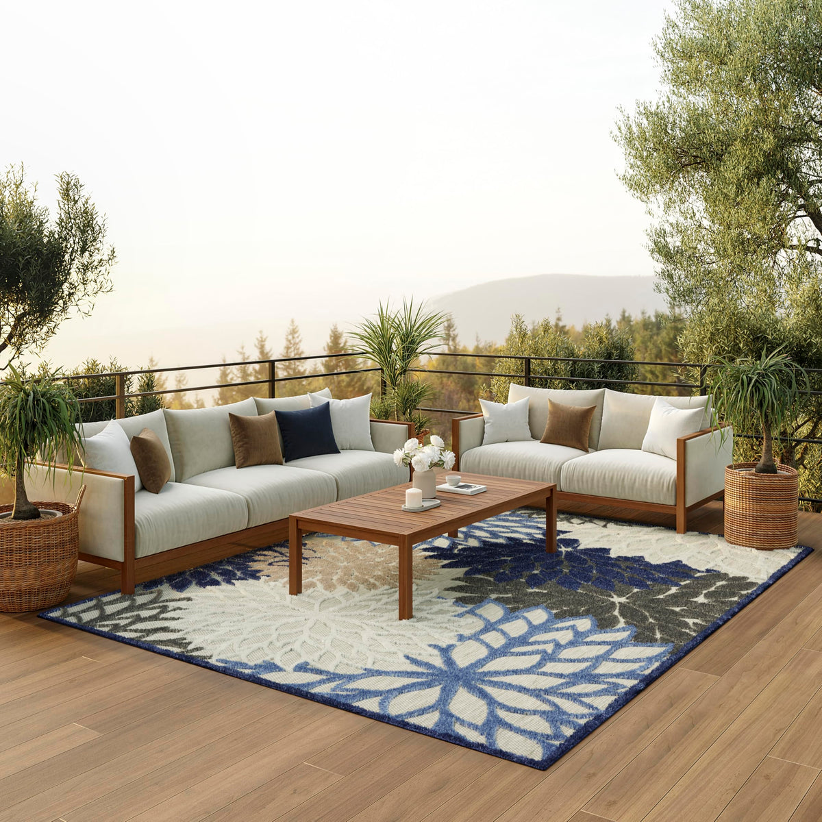 Nourison Aloha blue floral patio rug adds vibrant color to outdoor spaces