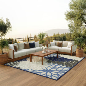 Nourison Aloha floral outdoor rug in blue multi enhances outdoor spaces.