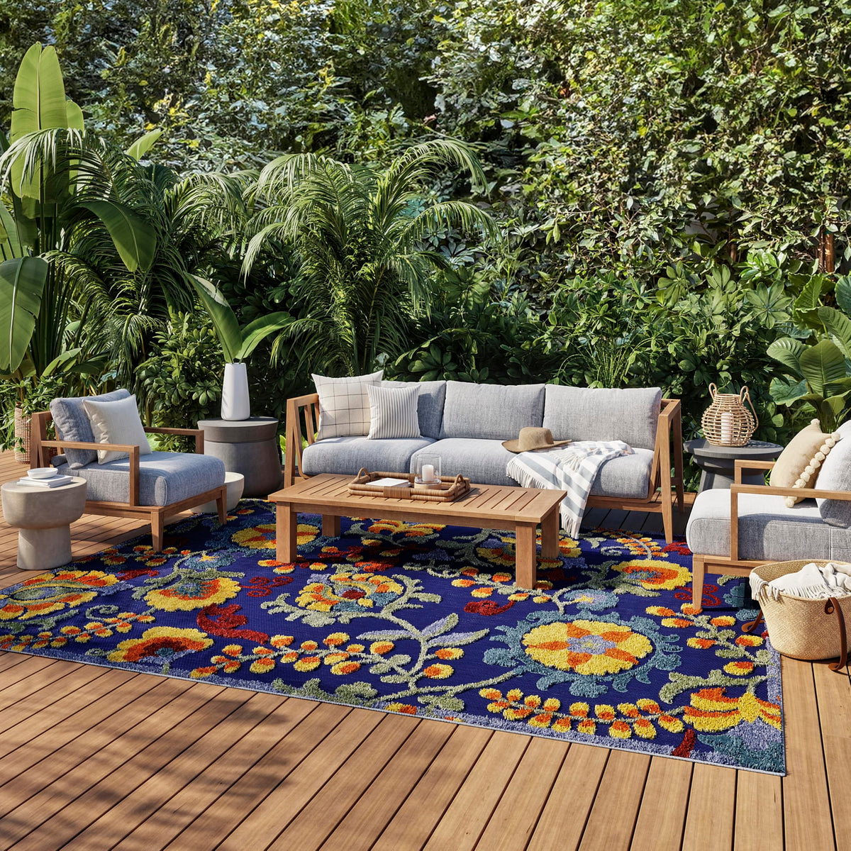 Nourison Aloha Navy Multicolor floral outdoor rug boosts curb appeal and easy outdoor charm