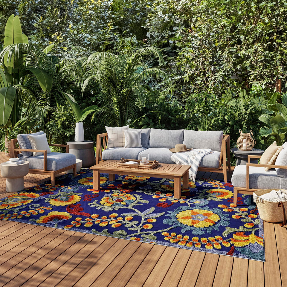 Nourison Aloha Navy Multicolor floral outdoor rug boosts curb appeal and easy outdoor charm