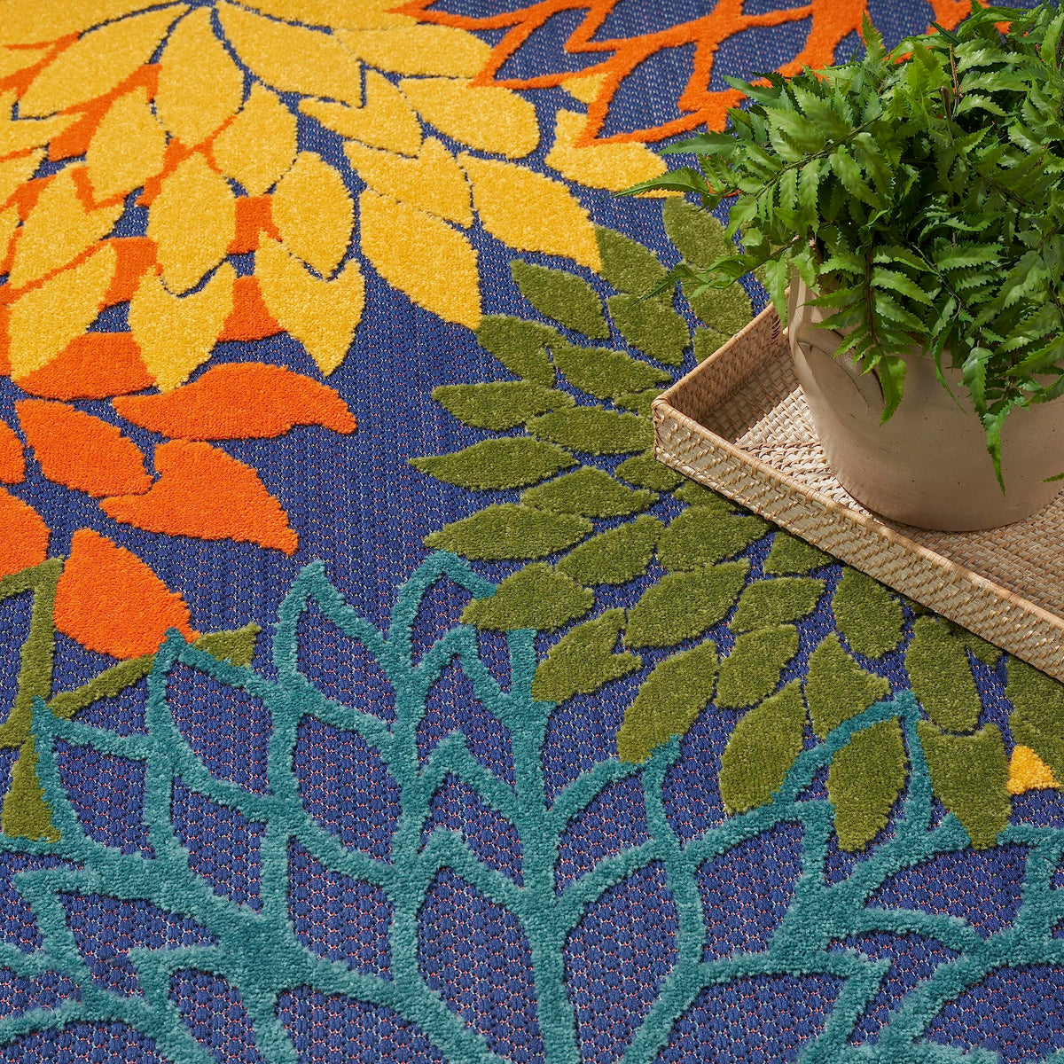 Nourison Aloha rug close-up shows high-low pile and textured underfoot feel.