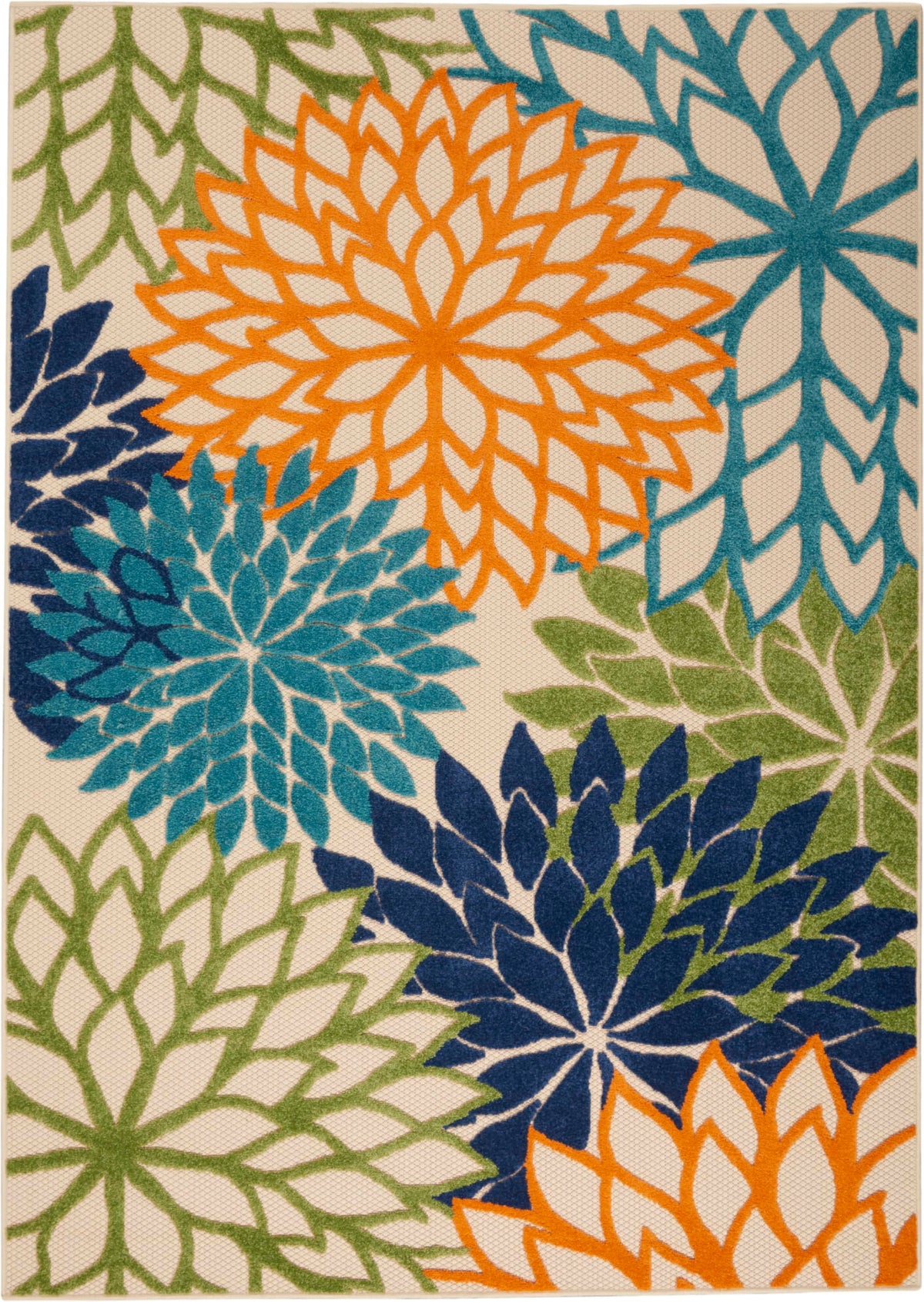 Nourison Aloha rug on patio setting enhances outdoor seating with vibrant color.