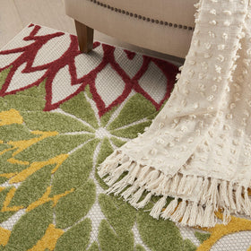Nourison Aloha rug red-yellow-green-orange palette energizes rooms.