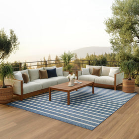 Nourison Positano navy ivory stripe rug adds coastal charm to living spaces.