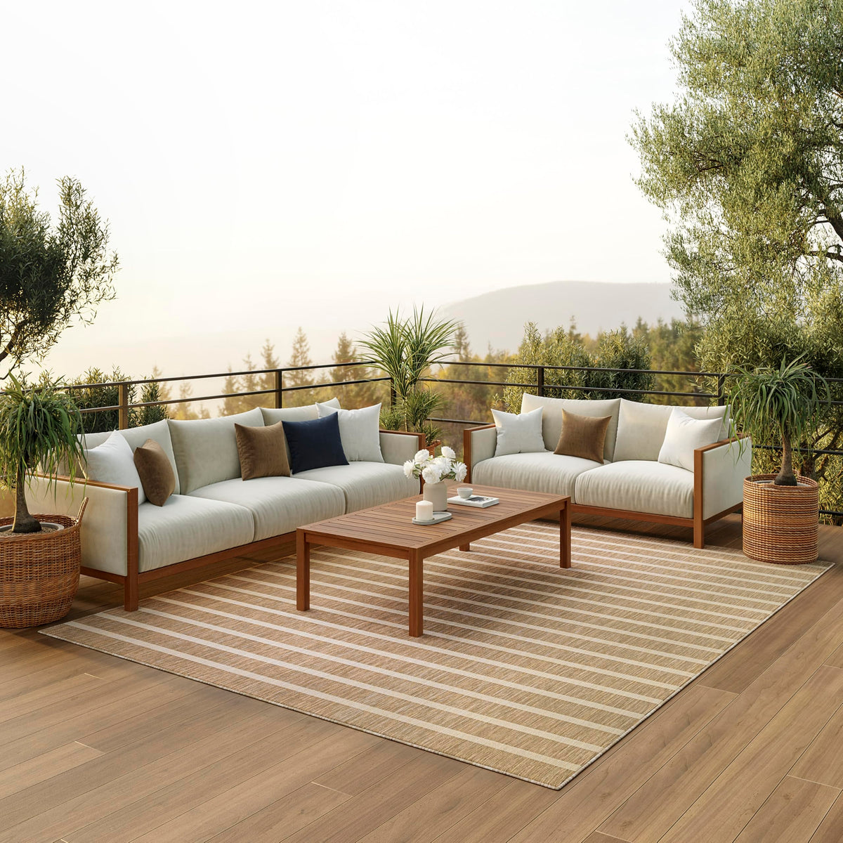 Nourison Positano outdoor rug beige ivory on patio, durable and easy to clean