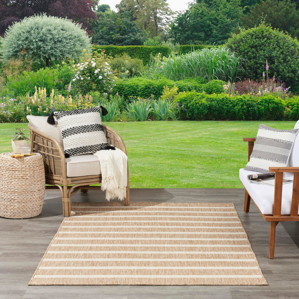 Nourison Positano beige ivory stripe rug enhances room layout inspiration