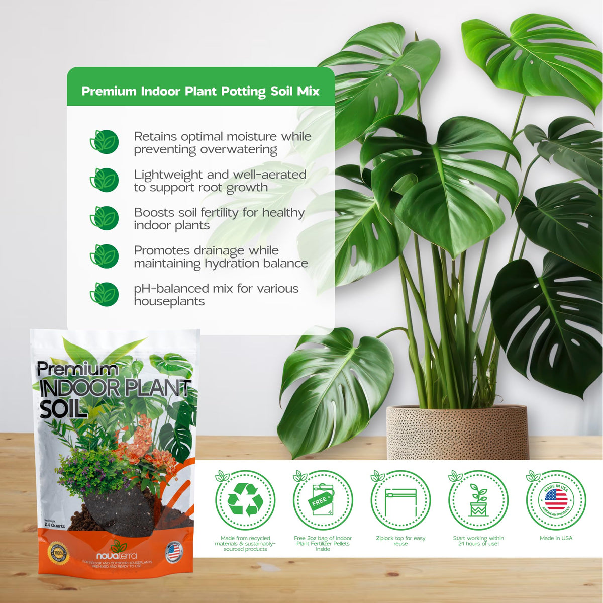 NOVA-TERRA soil ingredients like coco coir and perlite for airy roots.