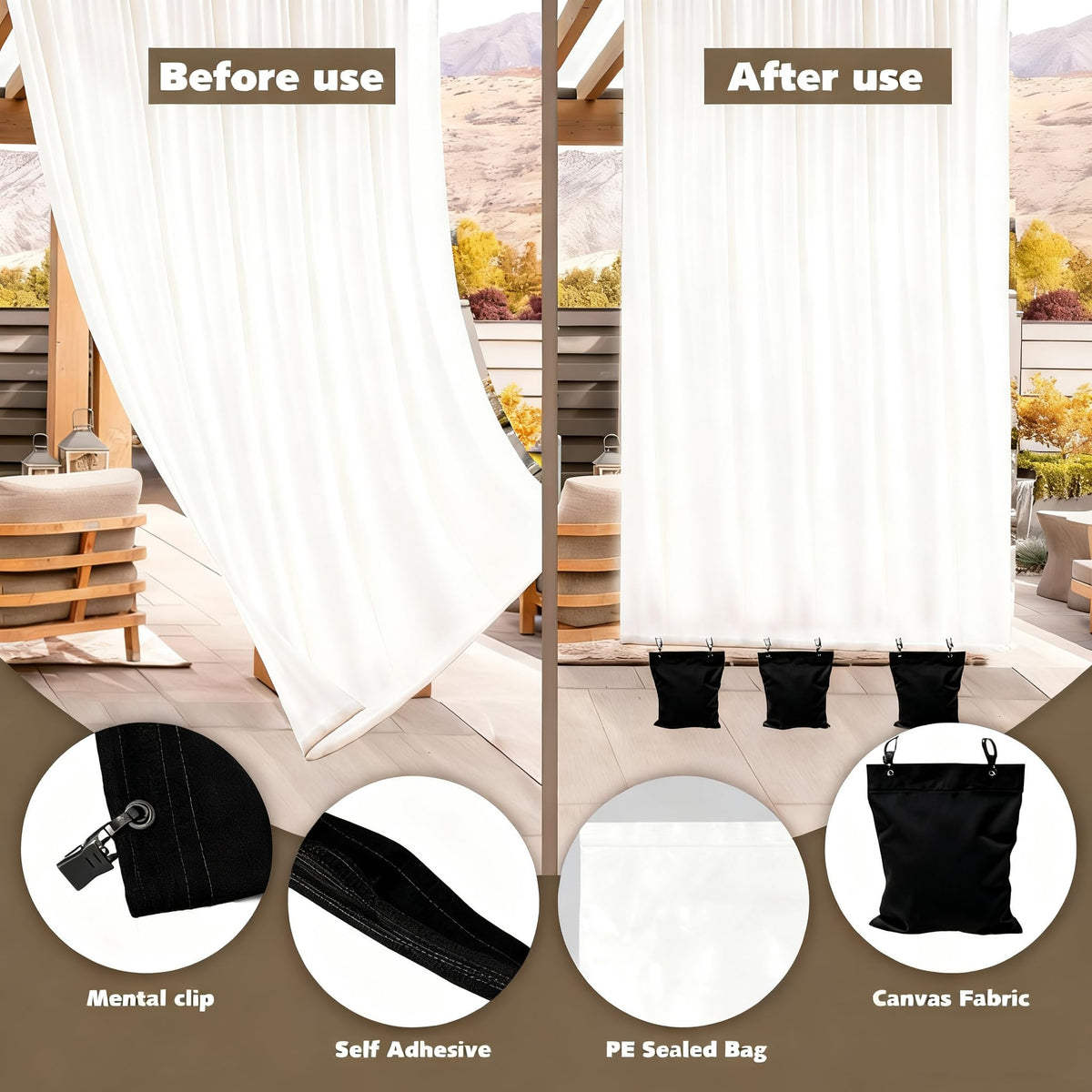 NOVEMBER SPRING self-adhesive curtain weights close securely for mess-free filling.