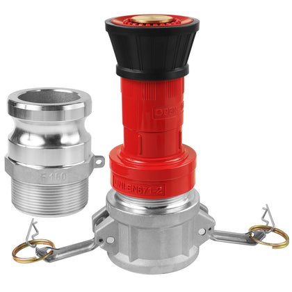 NOVINO fire hose nozzle front view highlights brass stem and aluminum camlock durability.