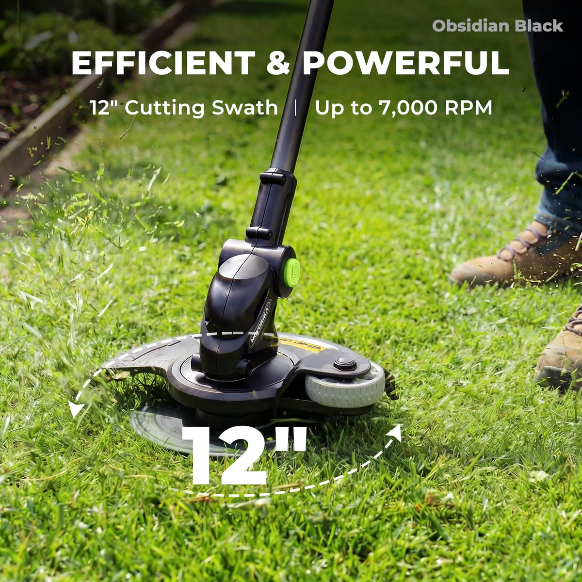 NovorikX 12-inch swath powers quick edging and wider cuts.